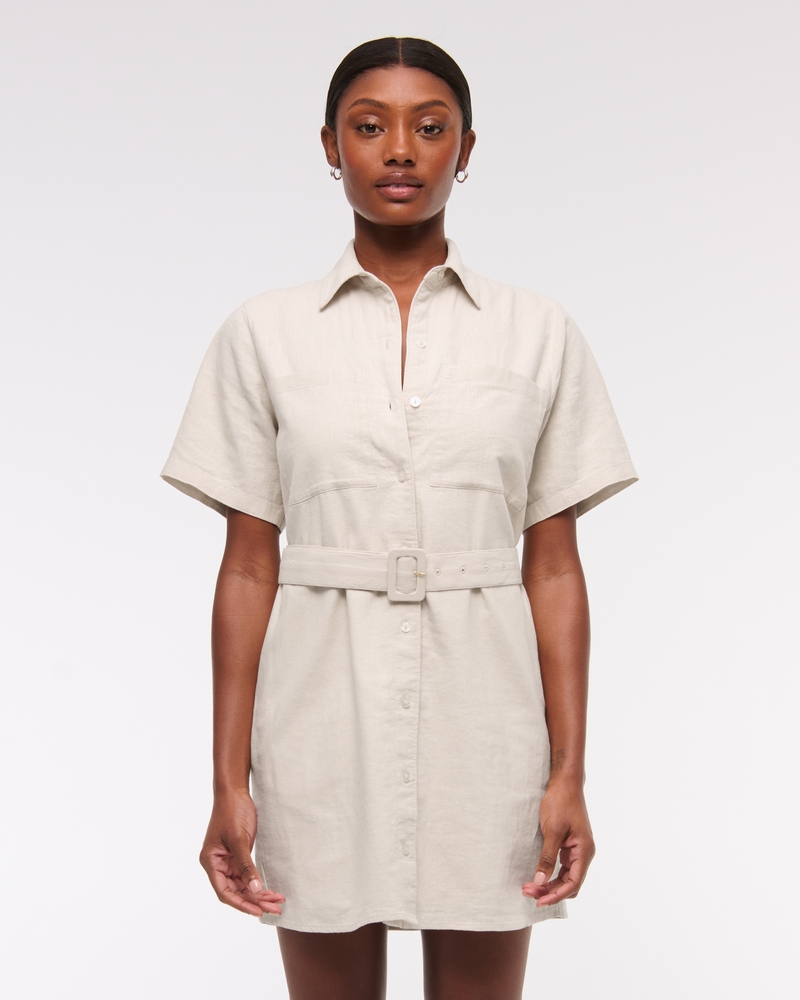 Belted Linen-Blend Mini Shirt Dress