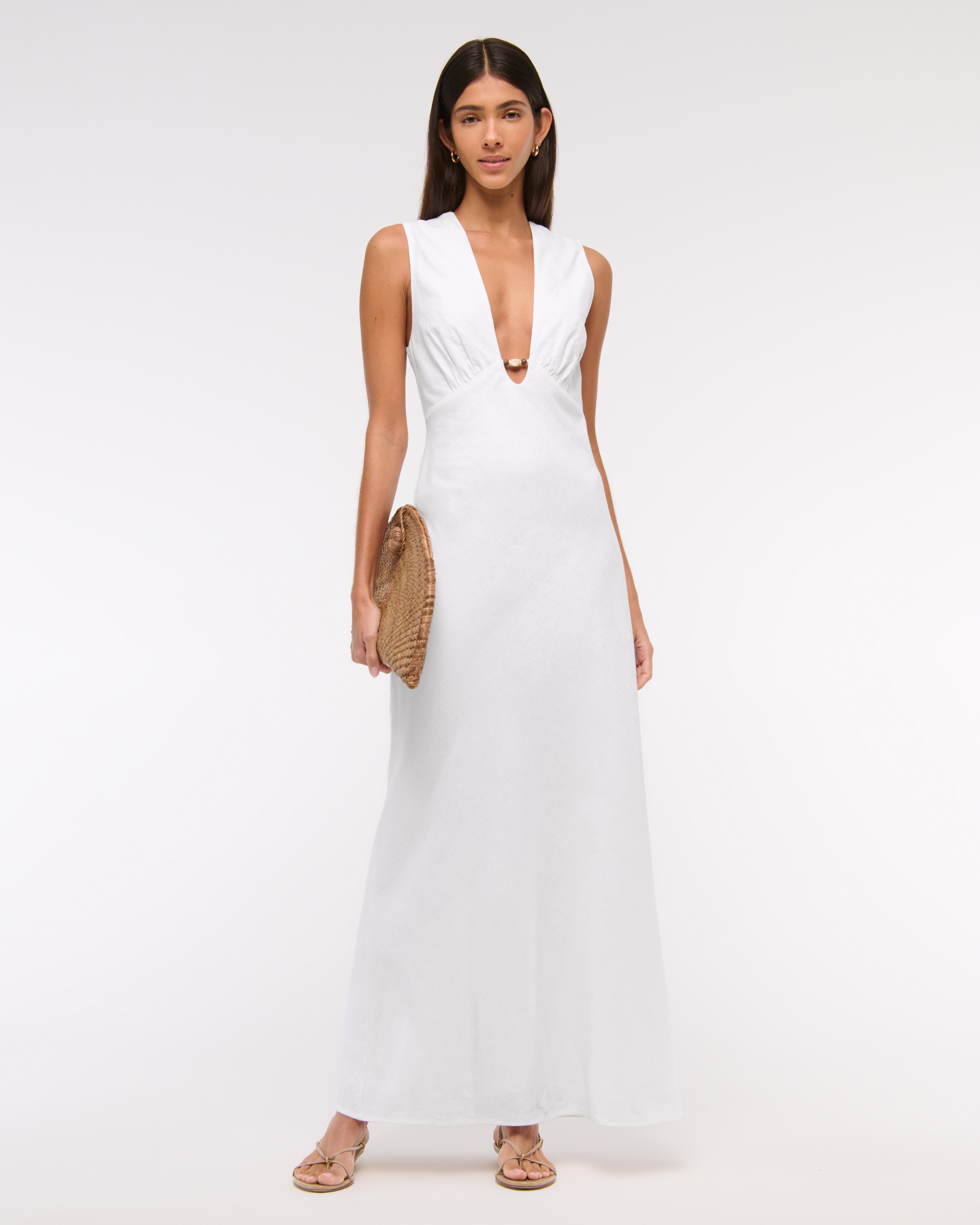 Abercrombie & Fitch Beaded Plunge Linen-blend Maxi Dress In White