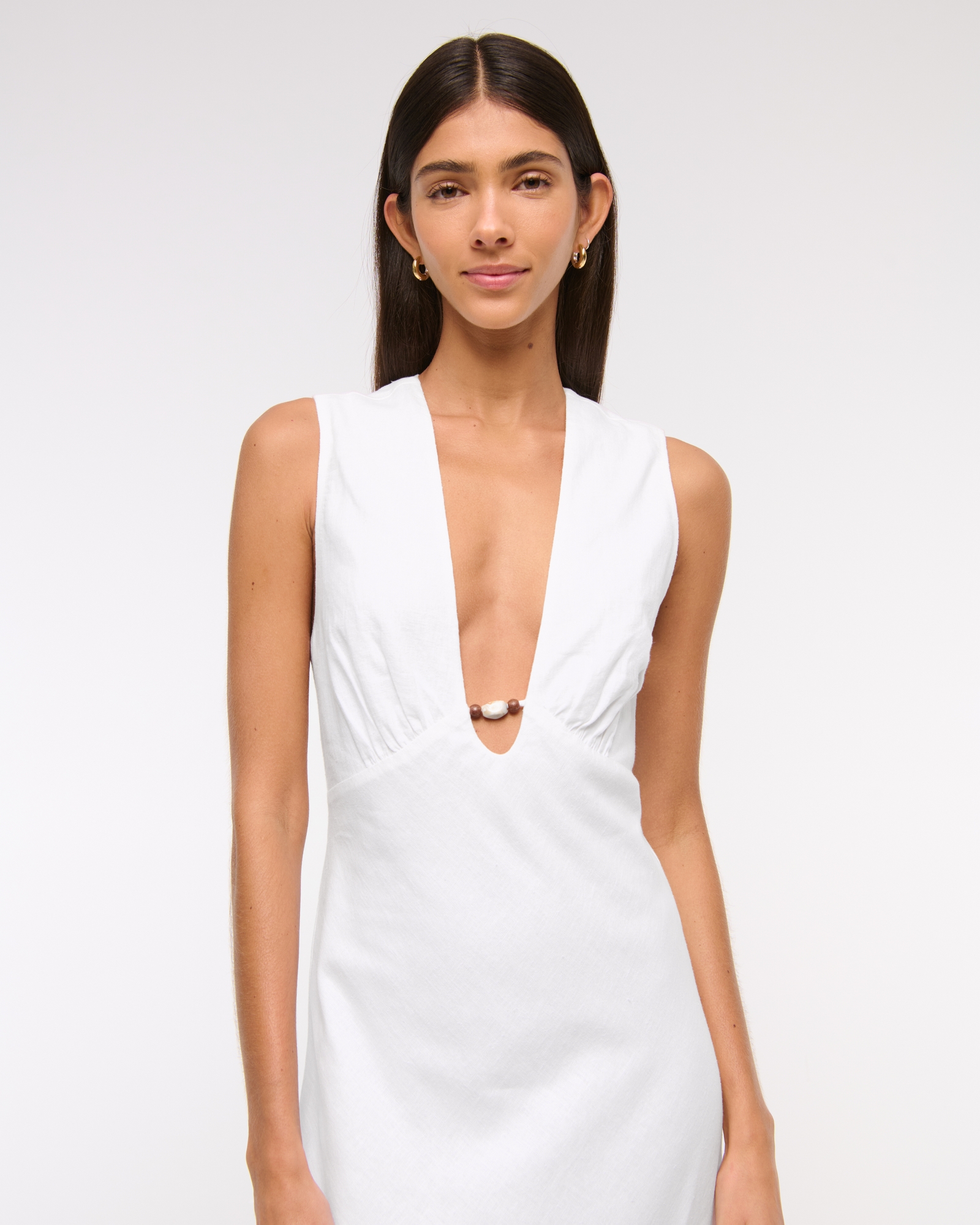 Beaded Plunge Linen-Blend Maxi Dress