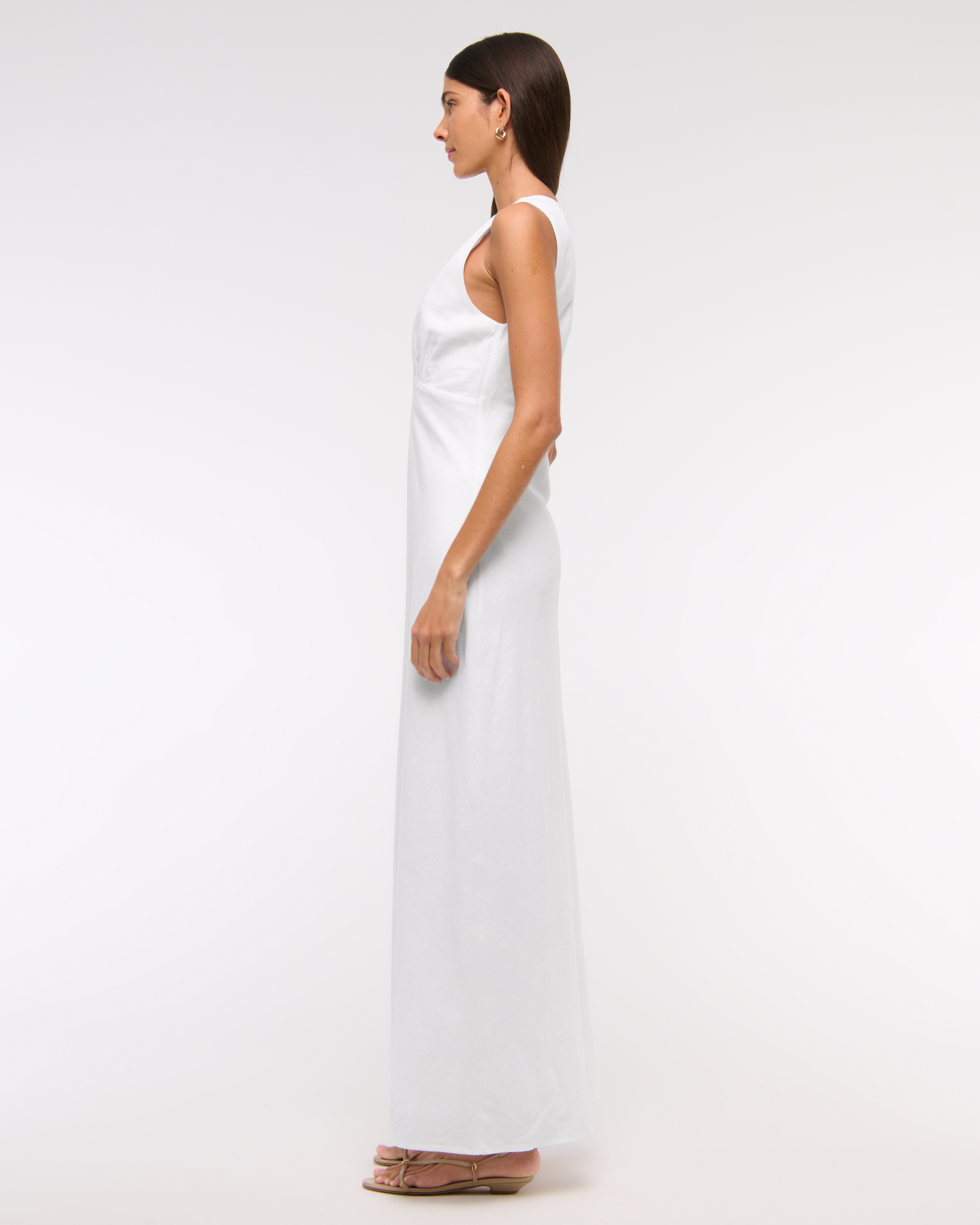 Abercrombie & Fitch Beaded Plunge Linen-blend Maxi Dress In White