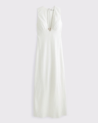 Beaded Plunge Linen-Blend Maxi Dress