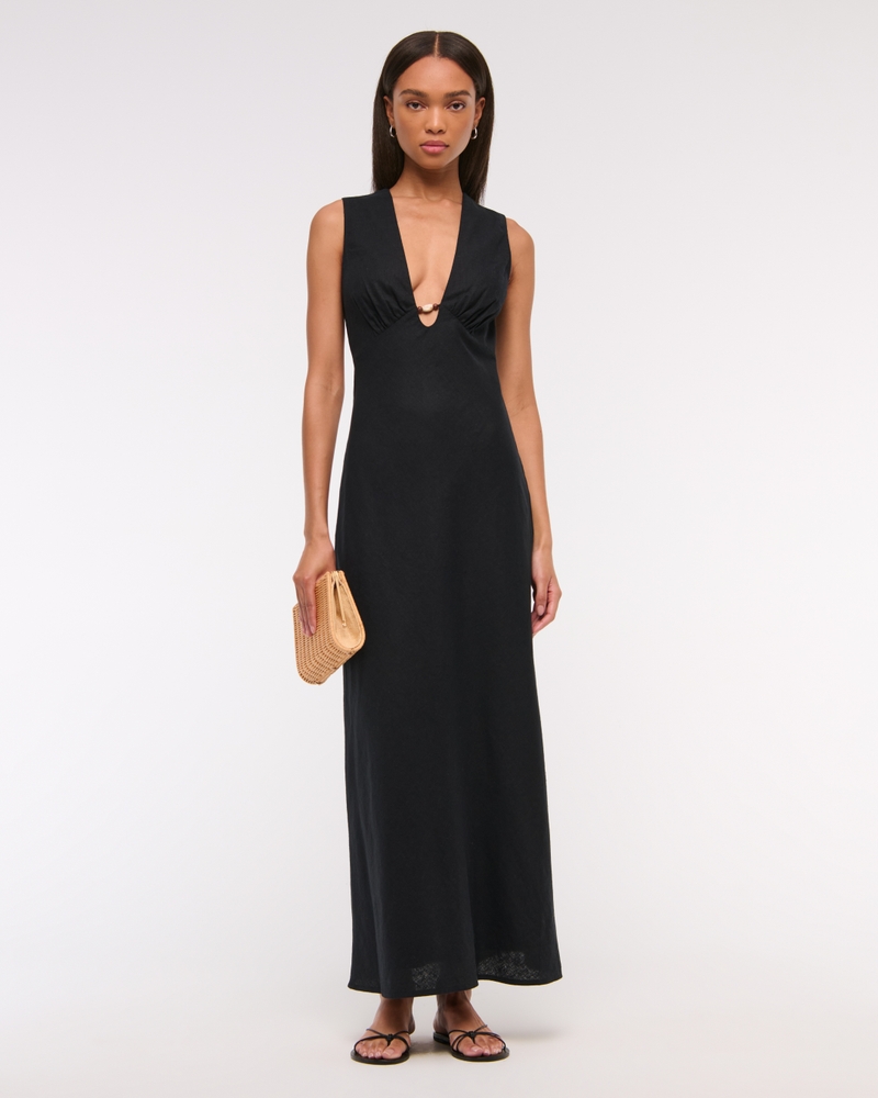 Women's Beaded Plunge Linen-Blend Maxi Dress | Women's | Abercrombie.com