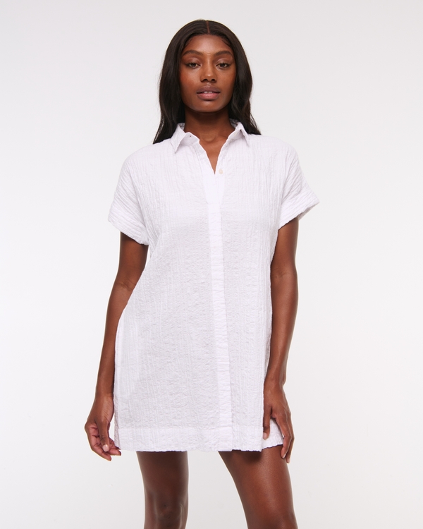 Textured Mini Shirt Dress, White view 1