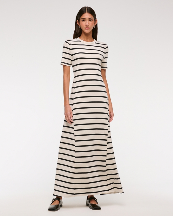 T-Shirt Knit Maxi Dress, Cream Stripe view 1