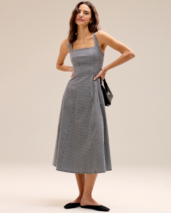 The A&F Mila Stretch Midi Dress, Black Gingham view 1