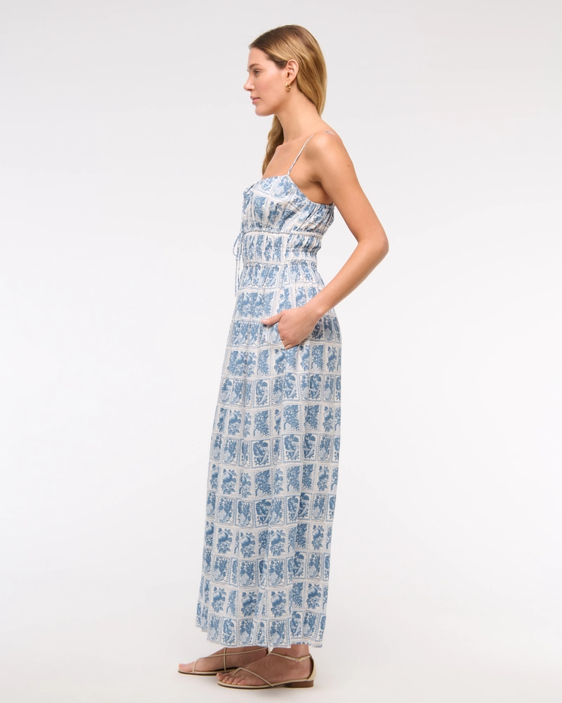 Smocked Tie-Front Maxi Dress