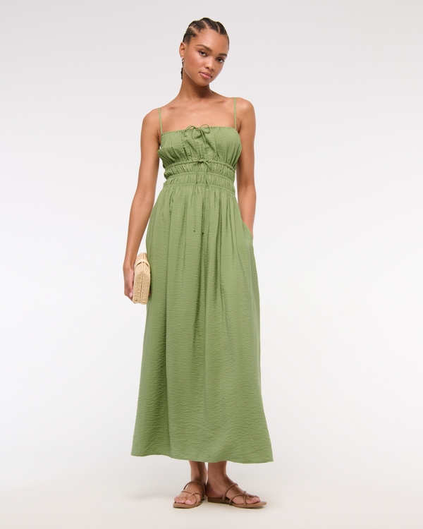 Smocked Tie-Front Maxi Dress, Bottle Green view 1