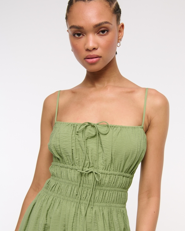 Smocked Tie-Front Maxi Dress, Bottle Green view 2