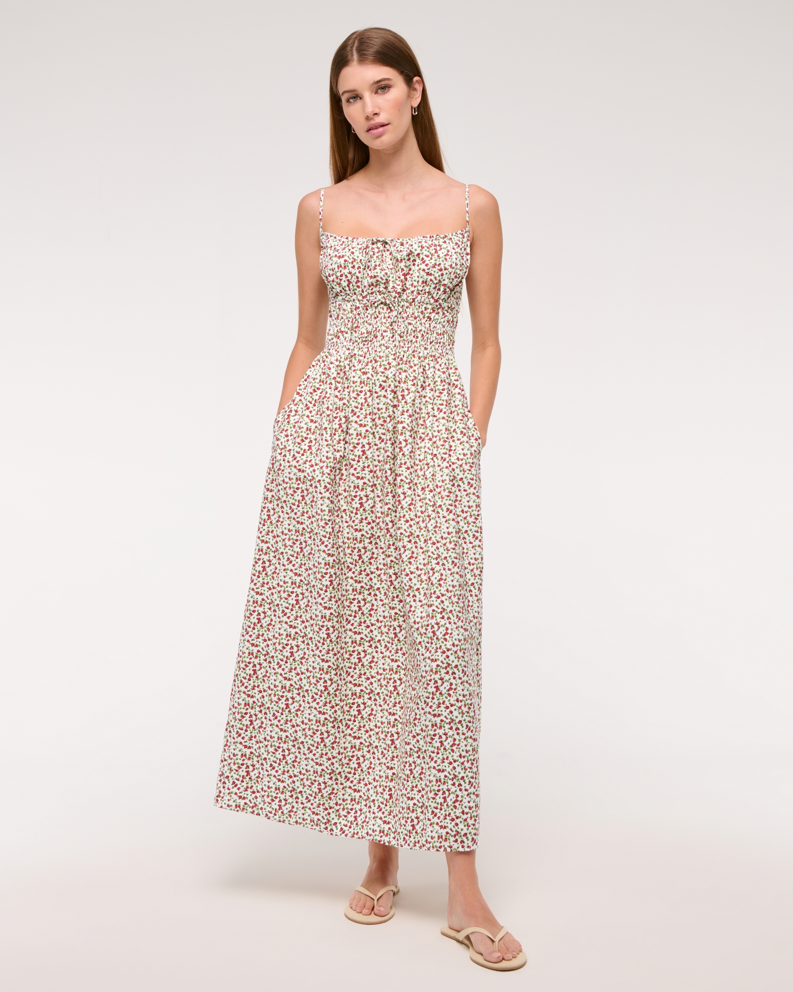 Smocked Tie-Front Maxi Dress