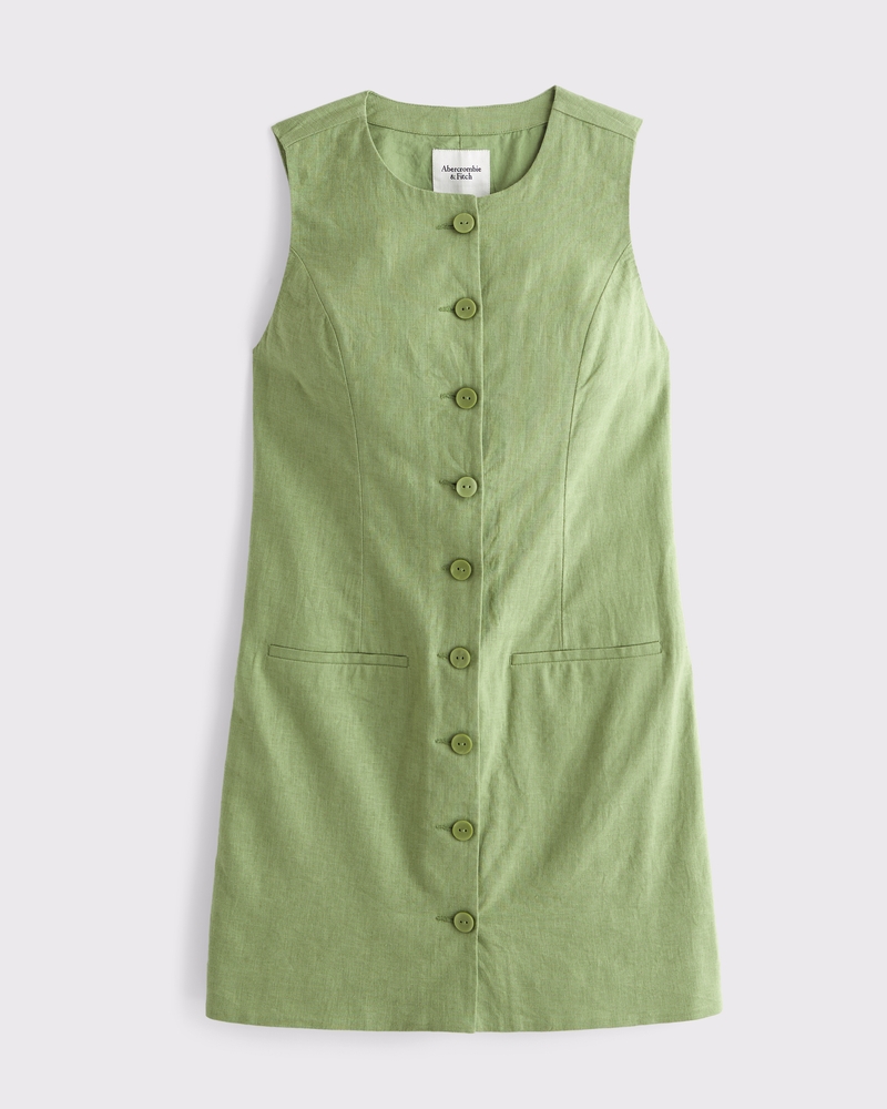 Women's The A&F Mara Linen-Blend Mini Dress in Green | Size XXS TALL | Abercrombie & Fitch