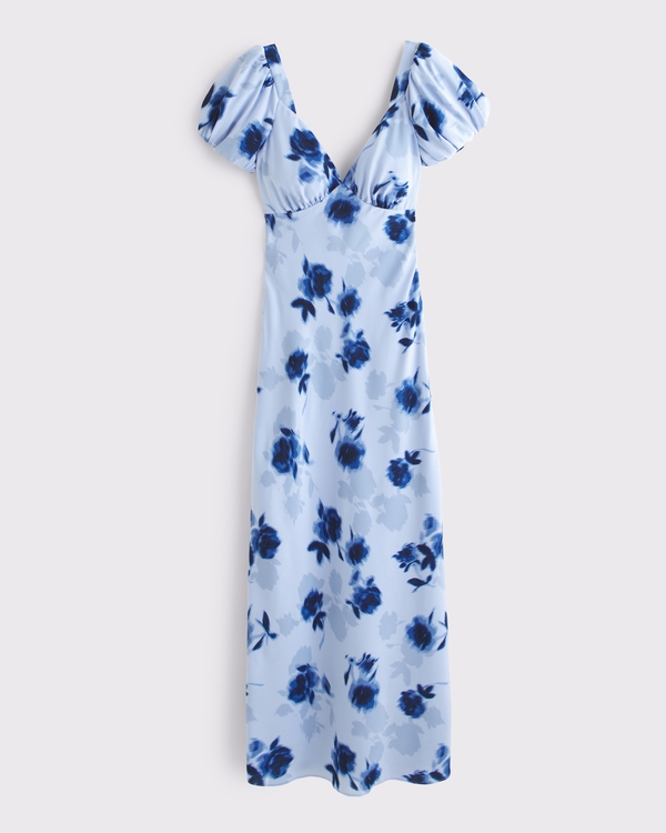 abercrombie puff sleeve midi dress Women's The A&F Emerson Poplin Puff Sleeve Midi Dress in Black Print | Size XS TALL