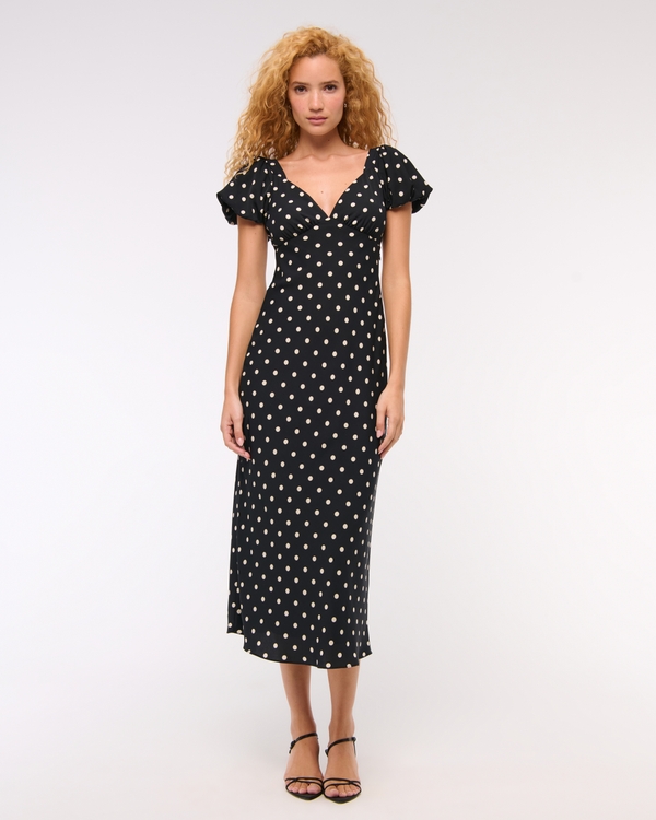 Puff Sleeve Midi Dress, Black Dot view 1