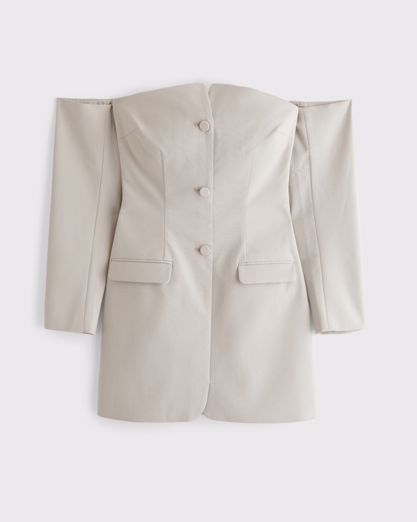white off shoulder blazer dress Landon Off-White Tailored Blazer Mini Dress With Puff Sleeves  Club L  London