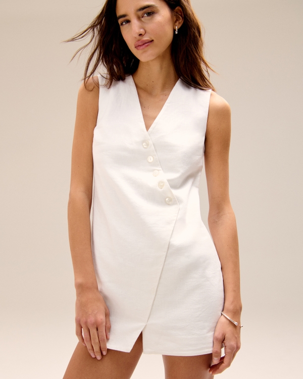 Linen-Blend V-Neck Button Mini Dress, White view 1