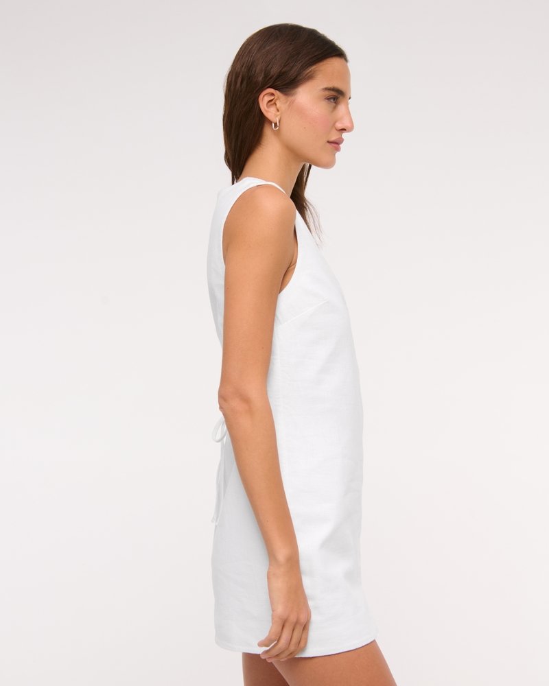 Linen-Blend V-Neck Button Mini Dress
