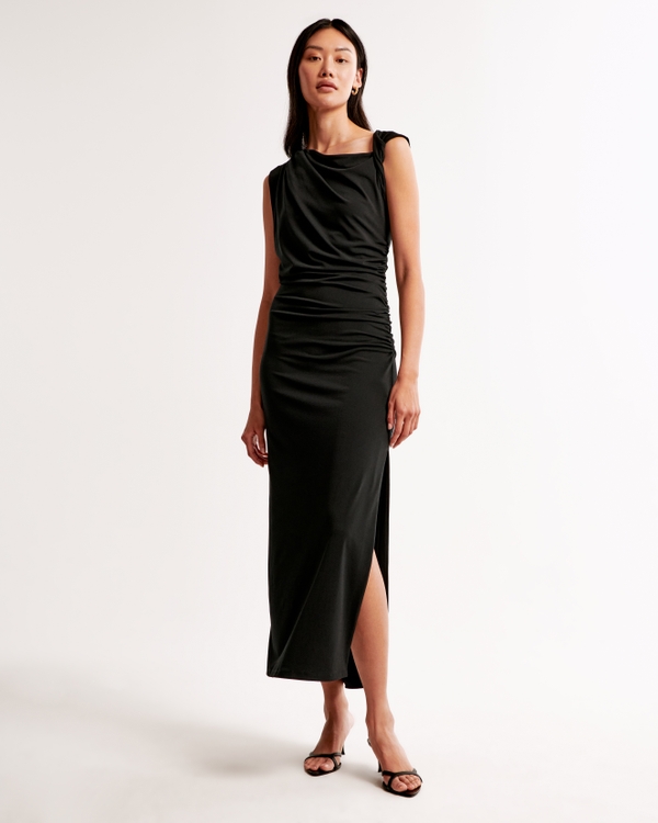 Asymmetrical Draped Maxi Dress, Black