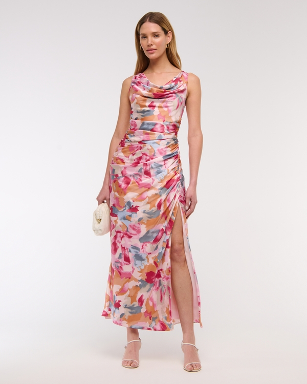 Cowl Neck Draped Maxi Dress, Pink Pattern view 1