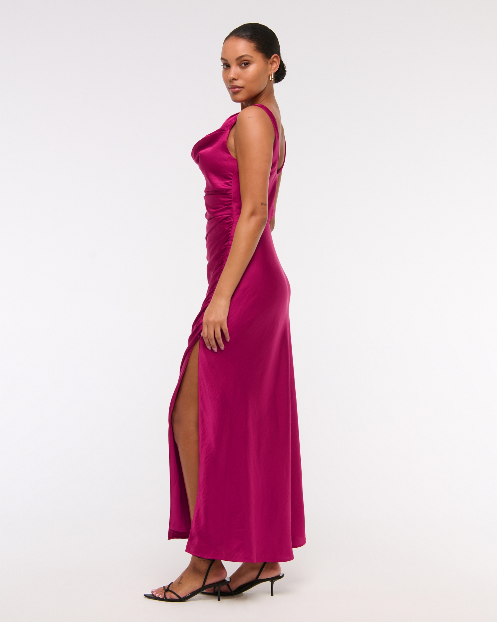 burgundy satin cowl neck draped maxi dress Satin Cowl Neck Maxi Dress