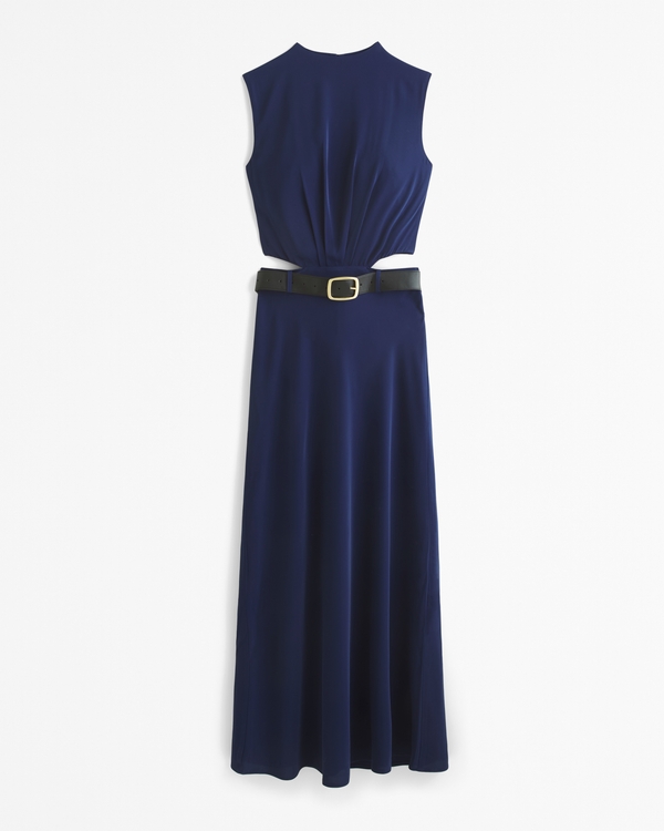 High-Neck Cutout Belted Maxi Dress, Navy view 1