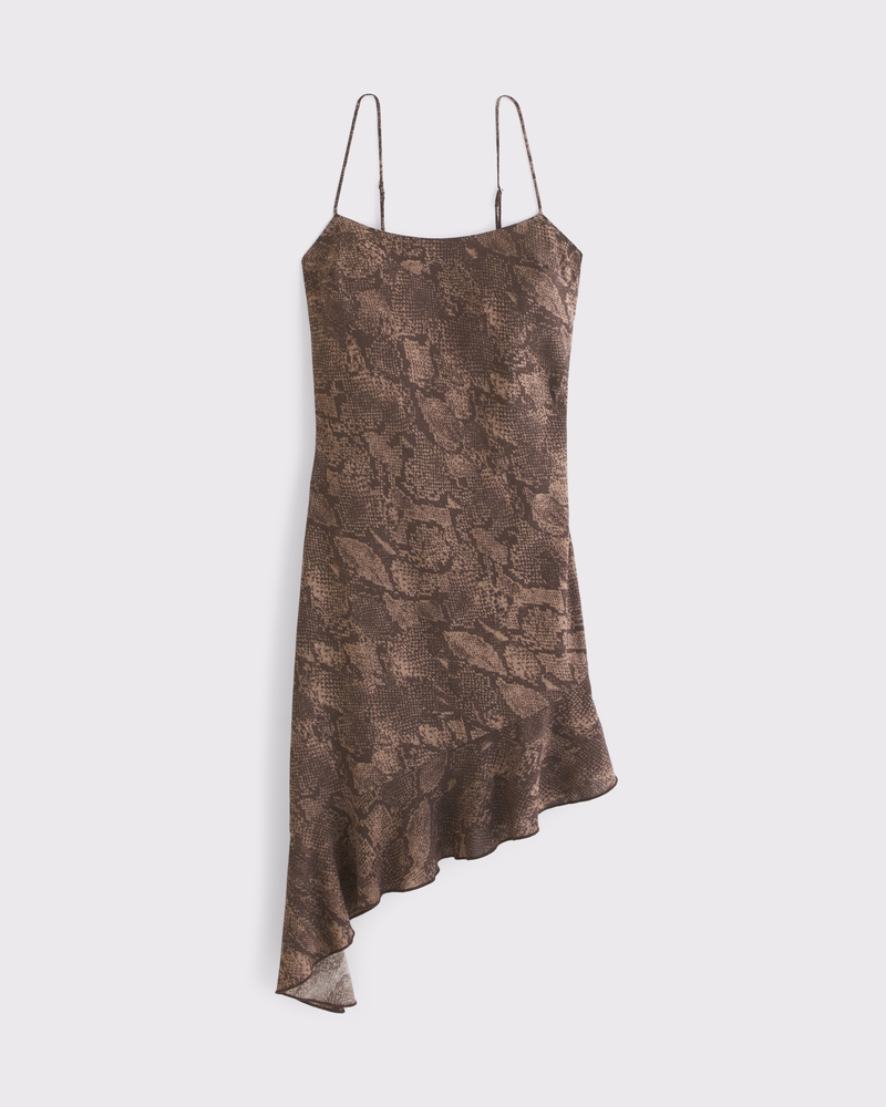 Women's Asymmetrical Clasp-Back Midi Dress in Brown Pattern | Size L | Abercrombie & Fitch