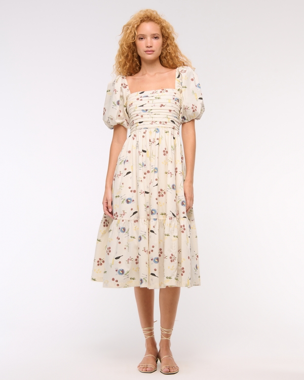 The A&F Emerson Poplin Puff Sleeve Midi Dress, Cream Pattern view 1