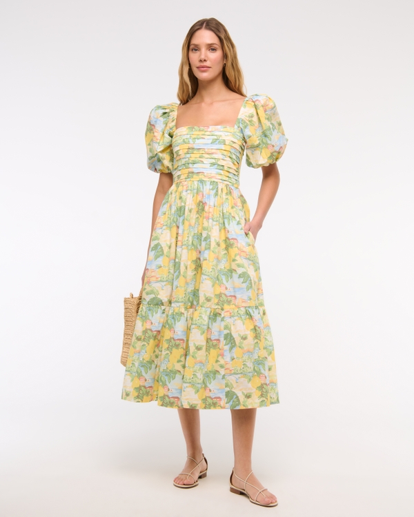 The A&F Emerson Poplin Puff Sleeve Midi Dress, Green Pattern view 1