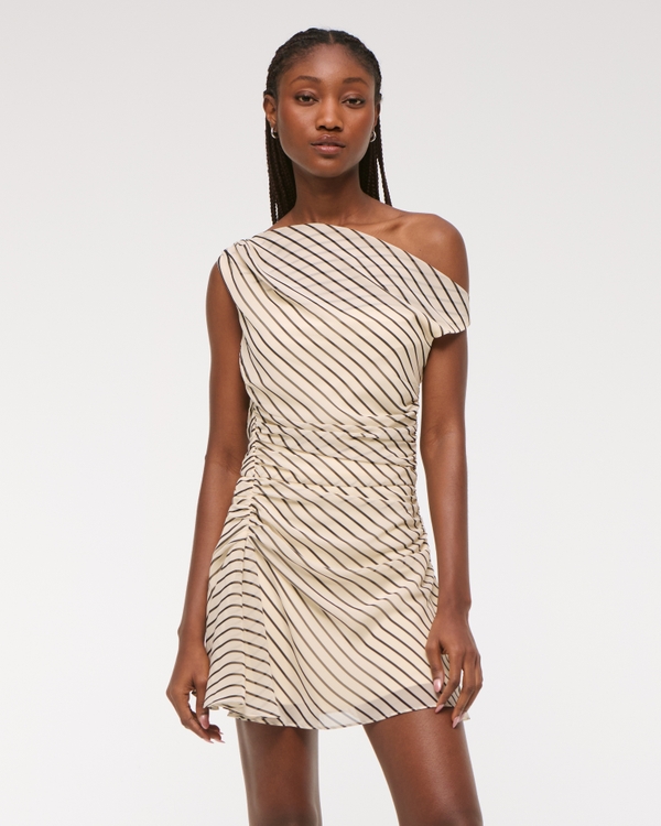 One-Shoulder Draped Mini Dress, Cream Stripe view 1