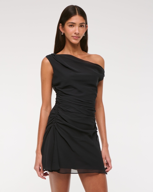 One-Shoulder Draped Mini Dress, Black view 1