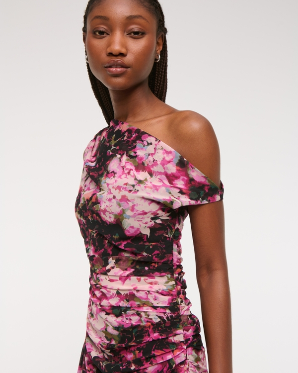 One-Shoulder Draped Mini Dress, Pink Floral view 2