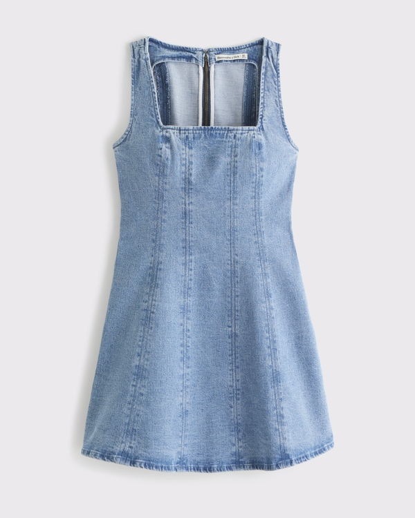 The A&F Mila Squareneck Denim Mini Dress, Medium Wash view 1