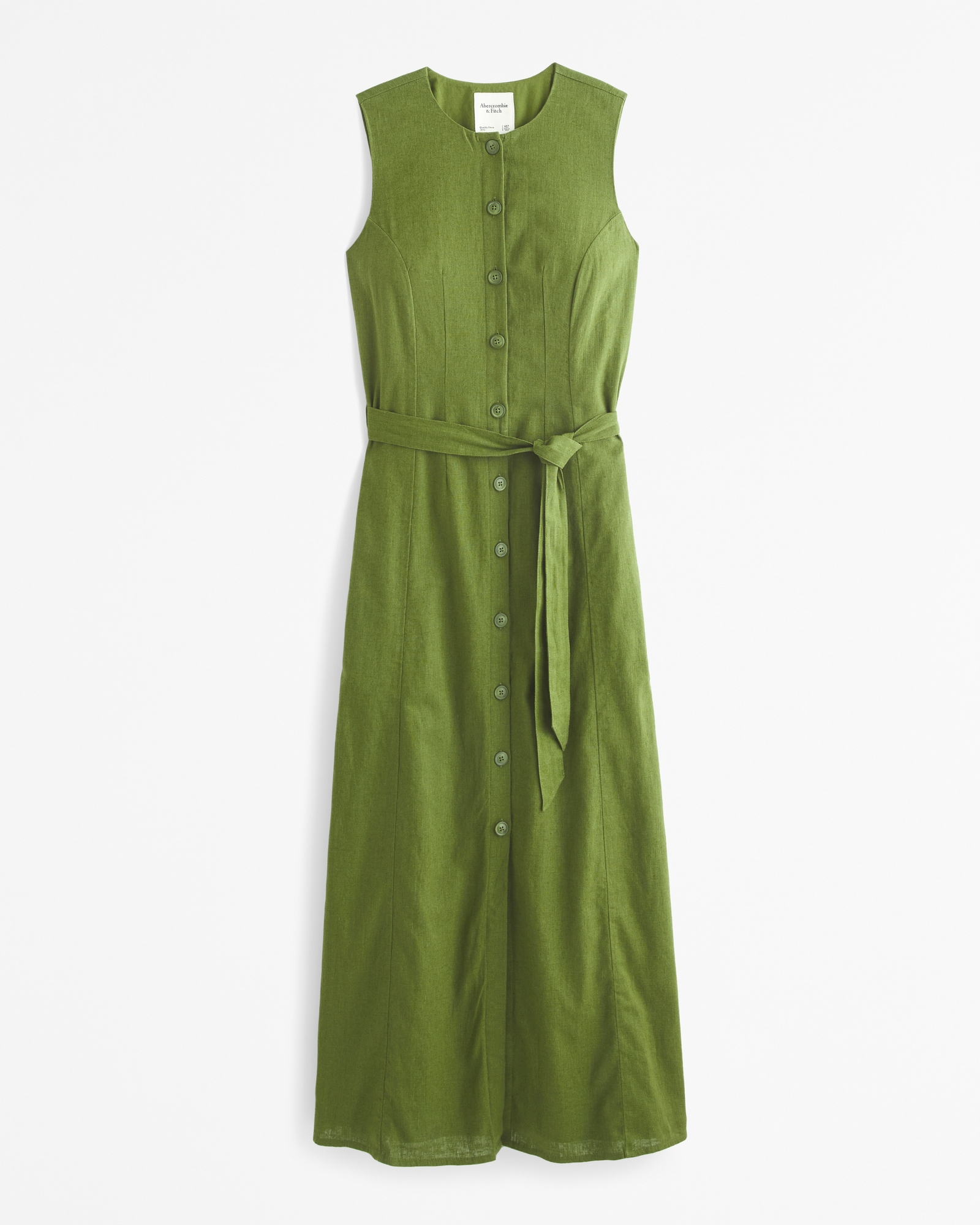 Linen-Blend Belted Midi Dress