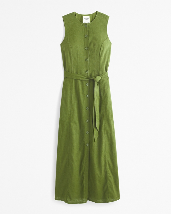 Linen-Blend Belted Midi Dress, Green view 1