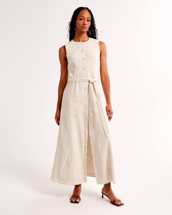 Linen-Blend Belted Midi Dress, Tan view 1