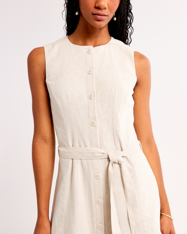 Linen-Blend Belted Midi Dress, Tan view 2