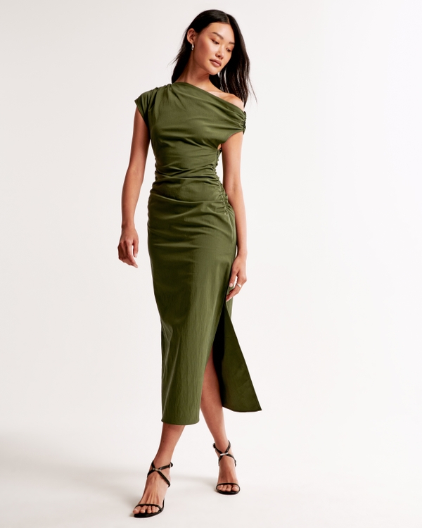 Off-The-Shoulder Draped Midi Dress, Green