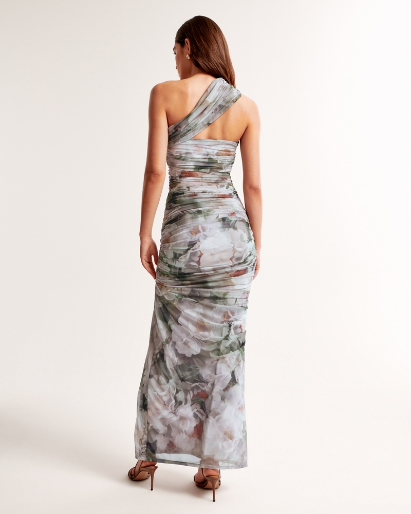 Mesh Asymmetrical Off-The-Shoulder Draped Maxi Dress