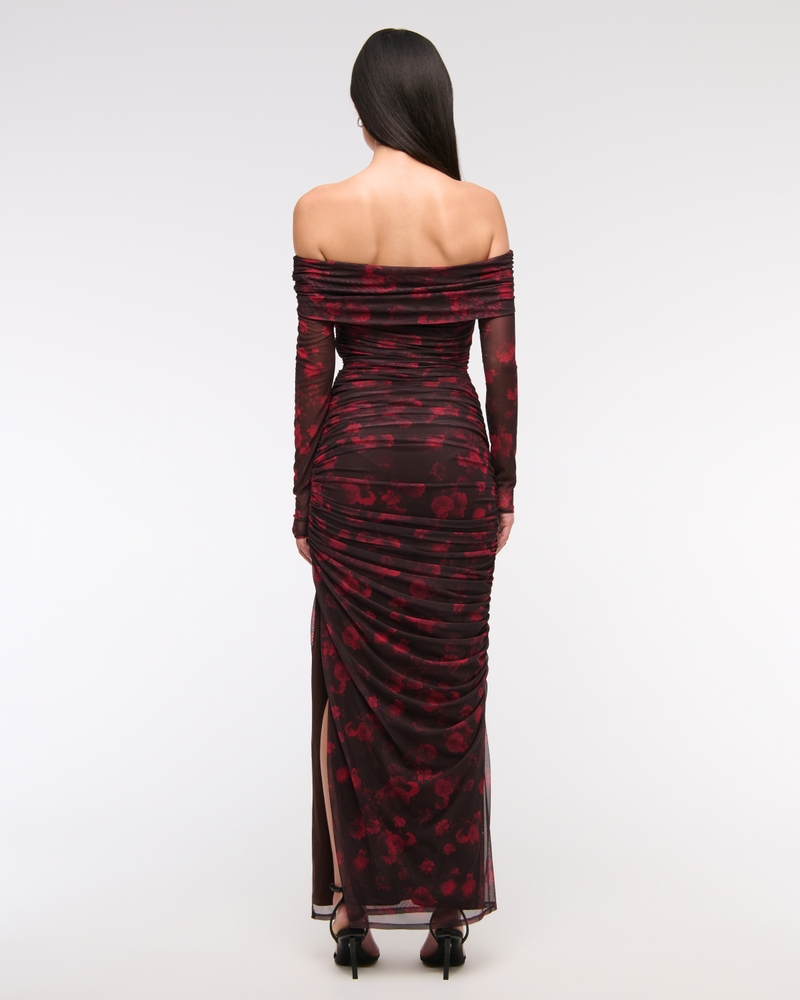Long-Sleeve Mesh Asymmetrical Draped Maxi Dress