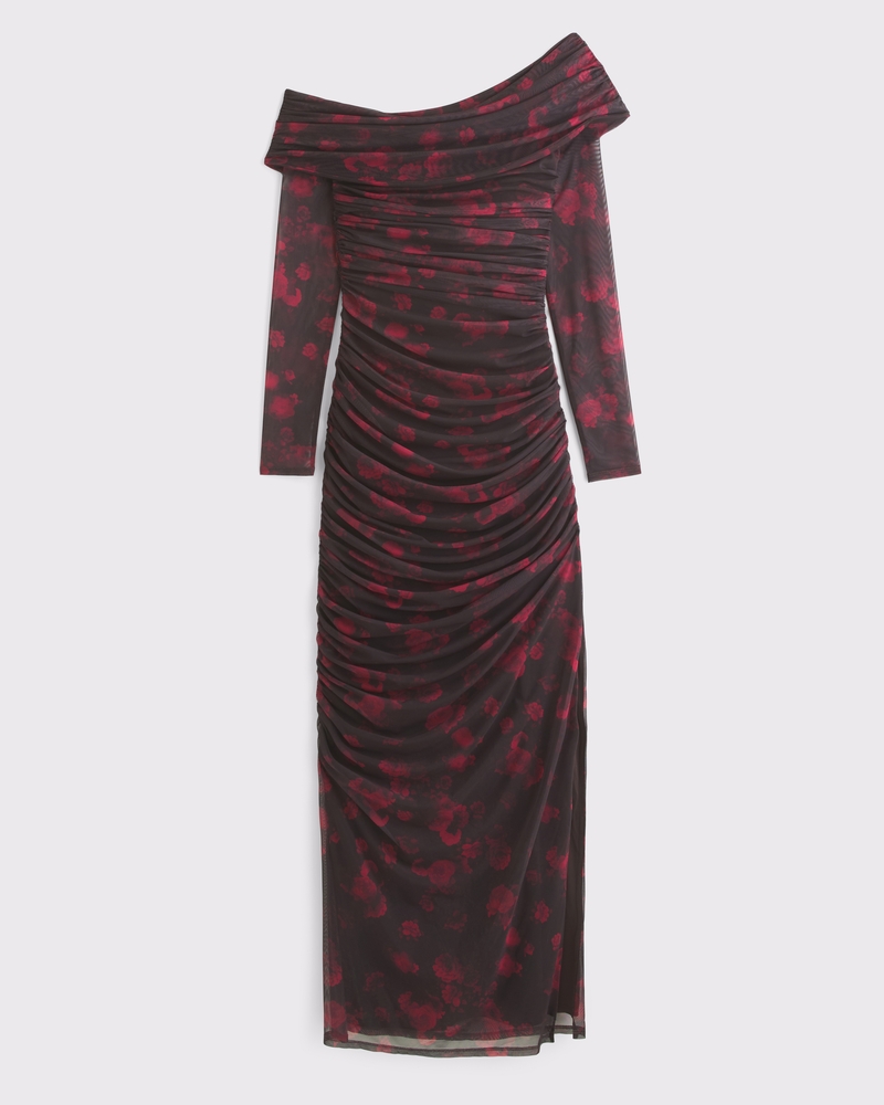 Women's Long-Sleeve Mesh Asymmetrical Draped Maxi Dress