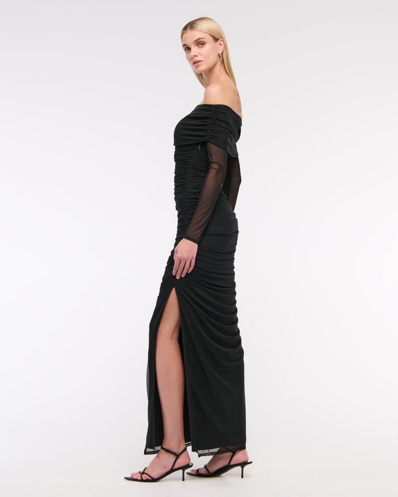 Long-Sleeve Mesh Asymmetrical Draped Maxi Dress