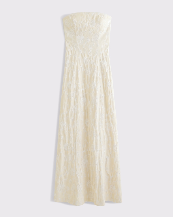 Strapless Floral Textured Maxi Dress, Cream Floral view 1