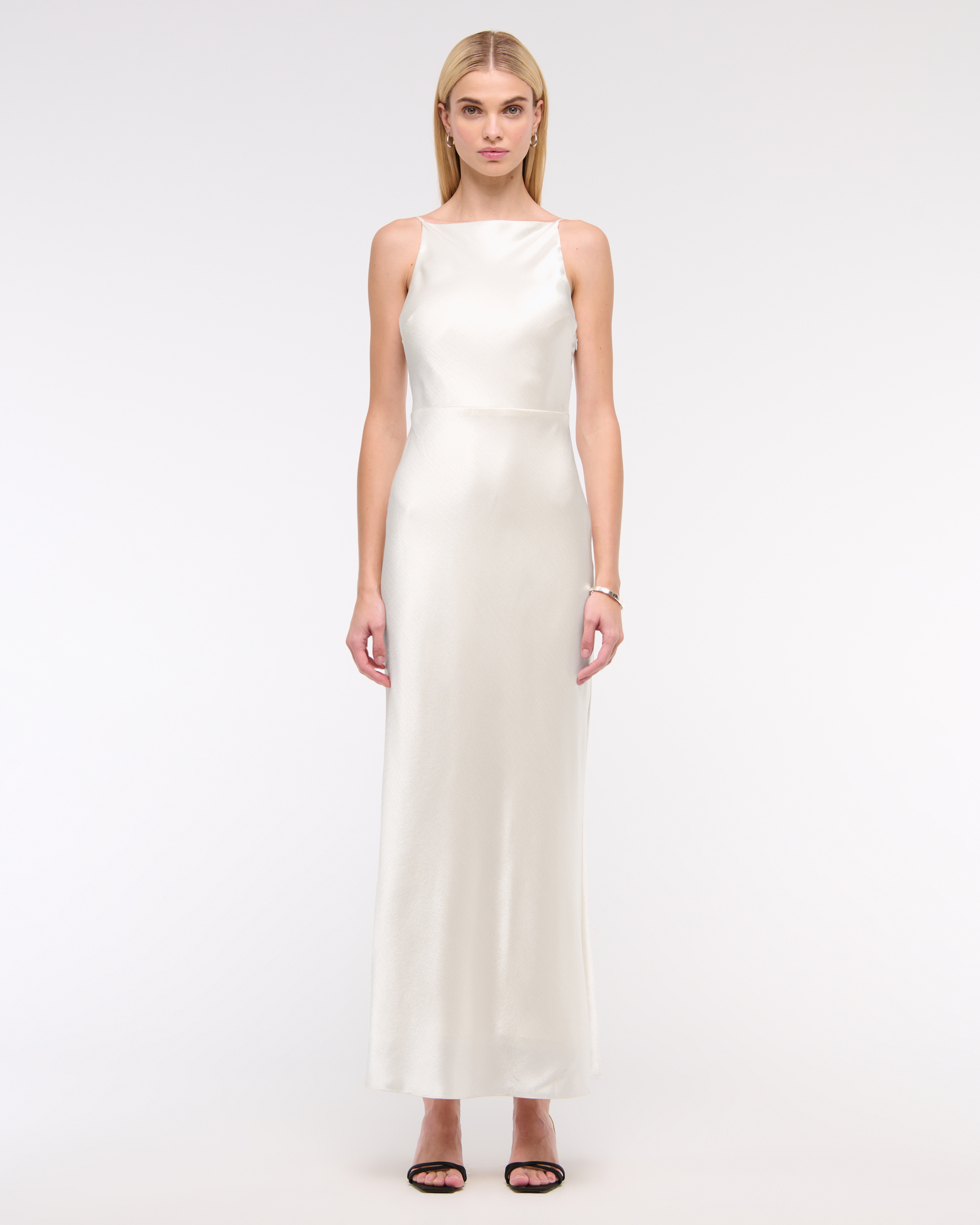 Abercrombie & Fitch High-neck Crinkle Satin Maxi Dress In White