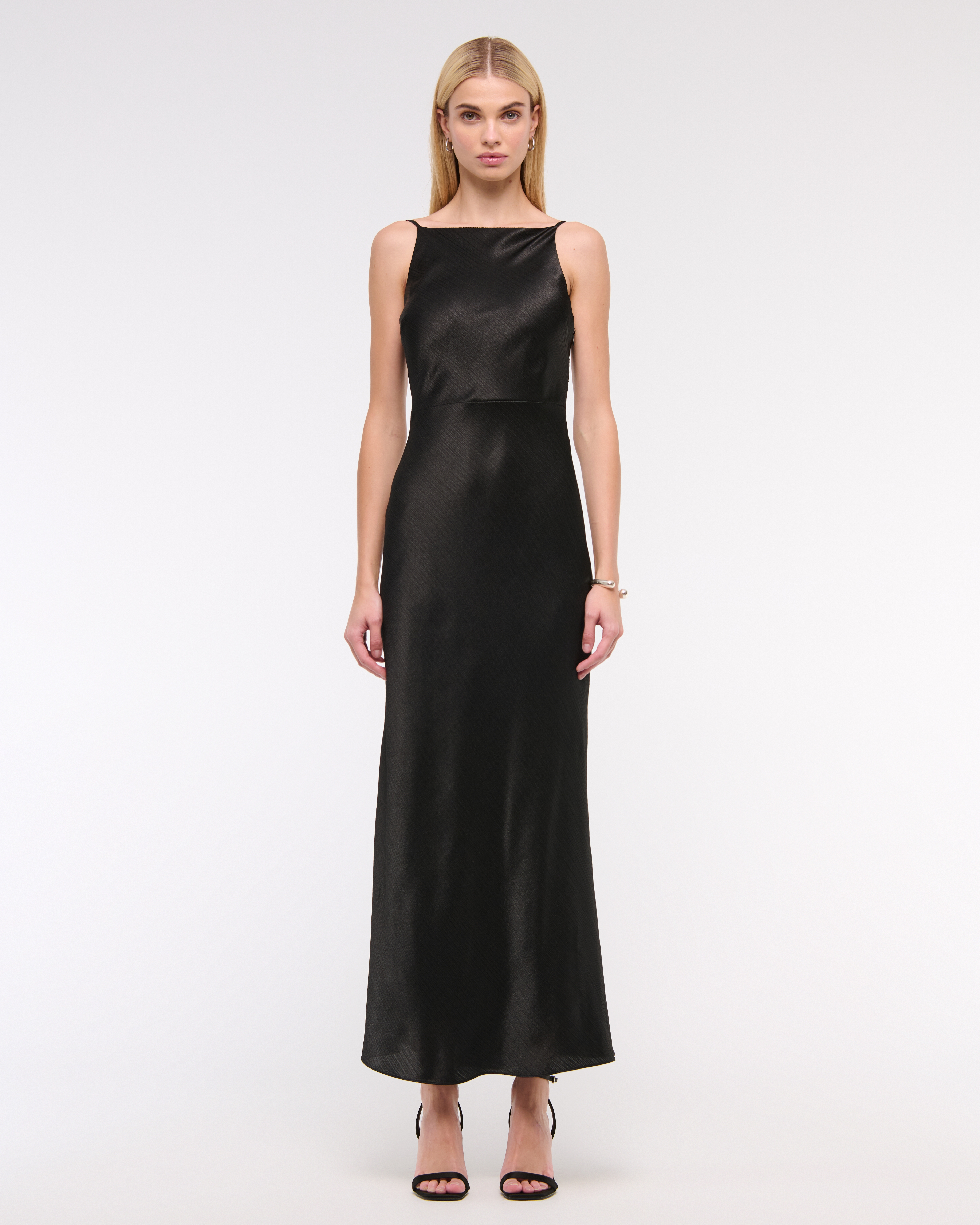 Abercrombie & Fitch High-neck Crinkle Satin Maxi Dress In Black