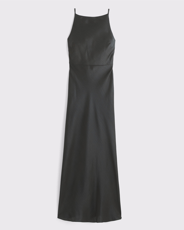 High-Neck Crinkle Satin Maxi Dress, Black view 1