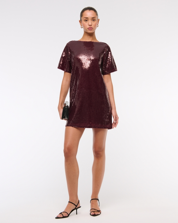 Sequin Tee Shift Mini Dress, Burgundy view 1