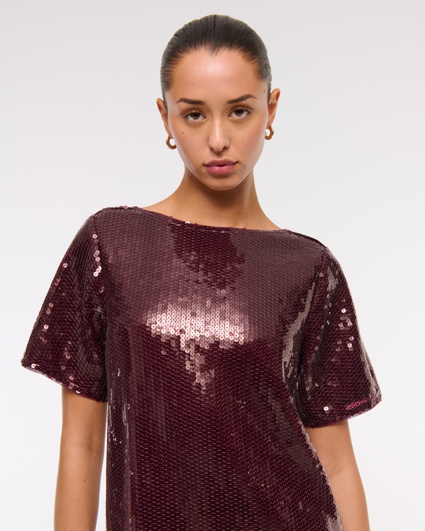 Sequin Tee Shift Mini Dress, Burgundy view 2