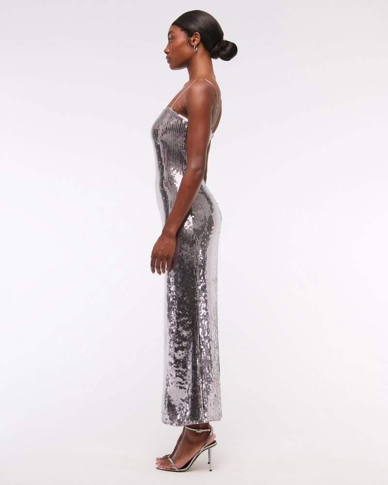 Straight Neck Sequin Midi Dress