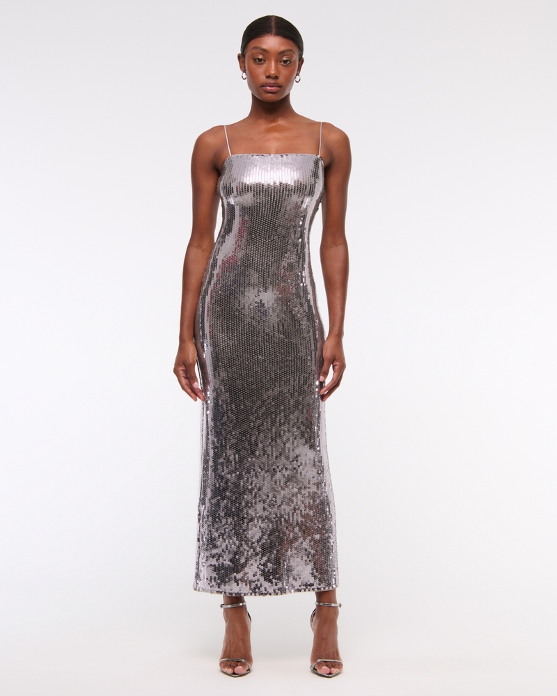 Straight Neck Sequin Midi Dress