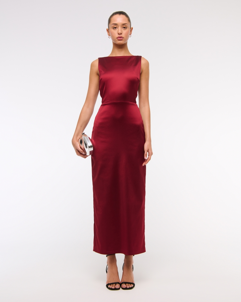 High-Neck Satin Sculpt Midi Dress