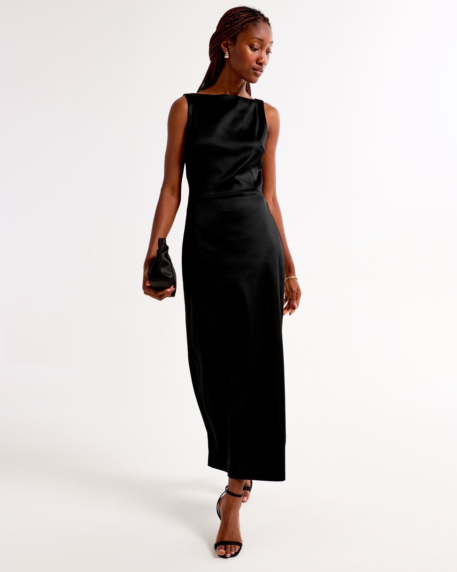 High-Neck Satin Sculpt Midi Dress