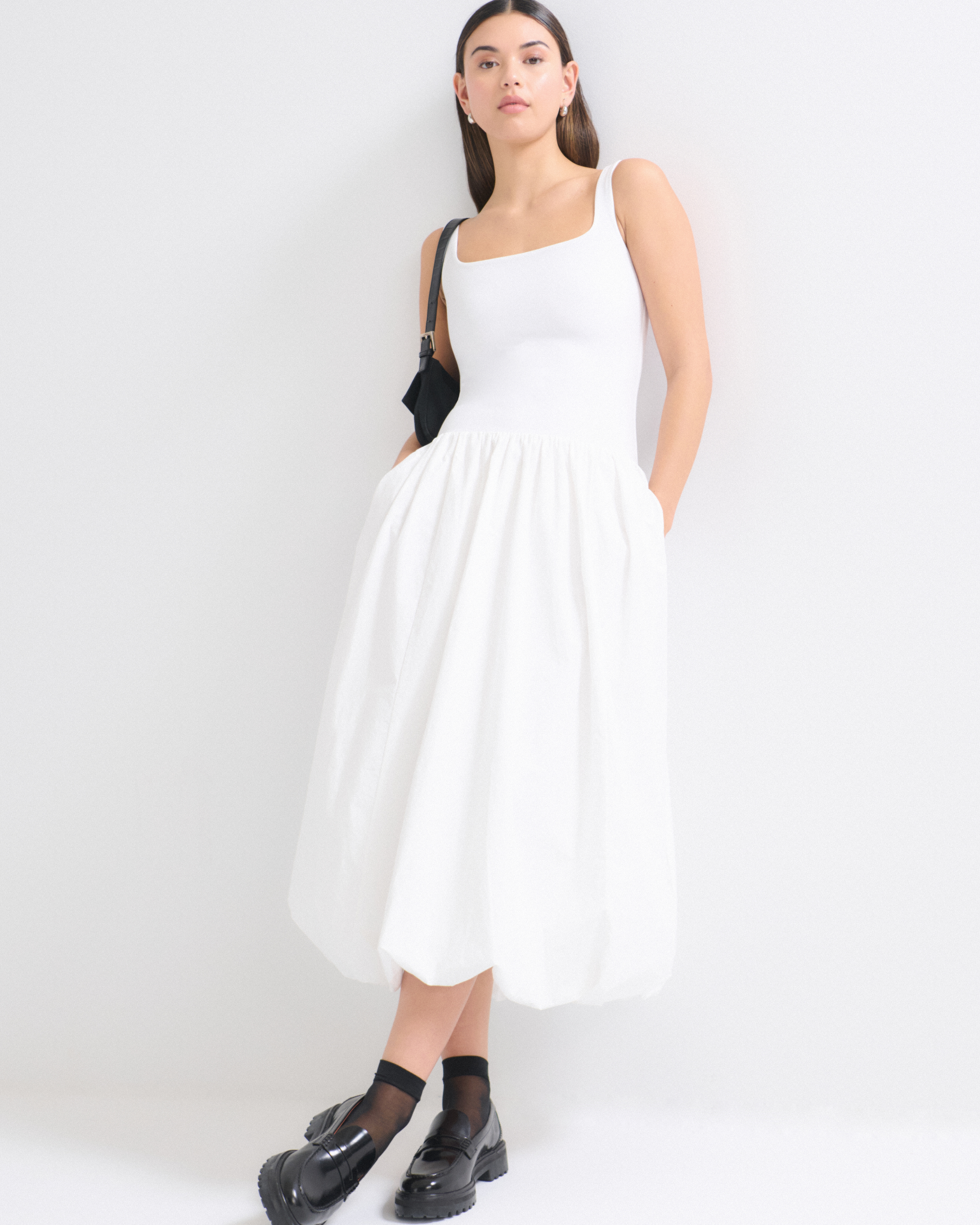 Women's Mixed Fabric Bubble Hem Midi Dress | Women's